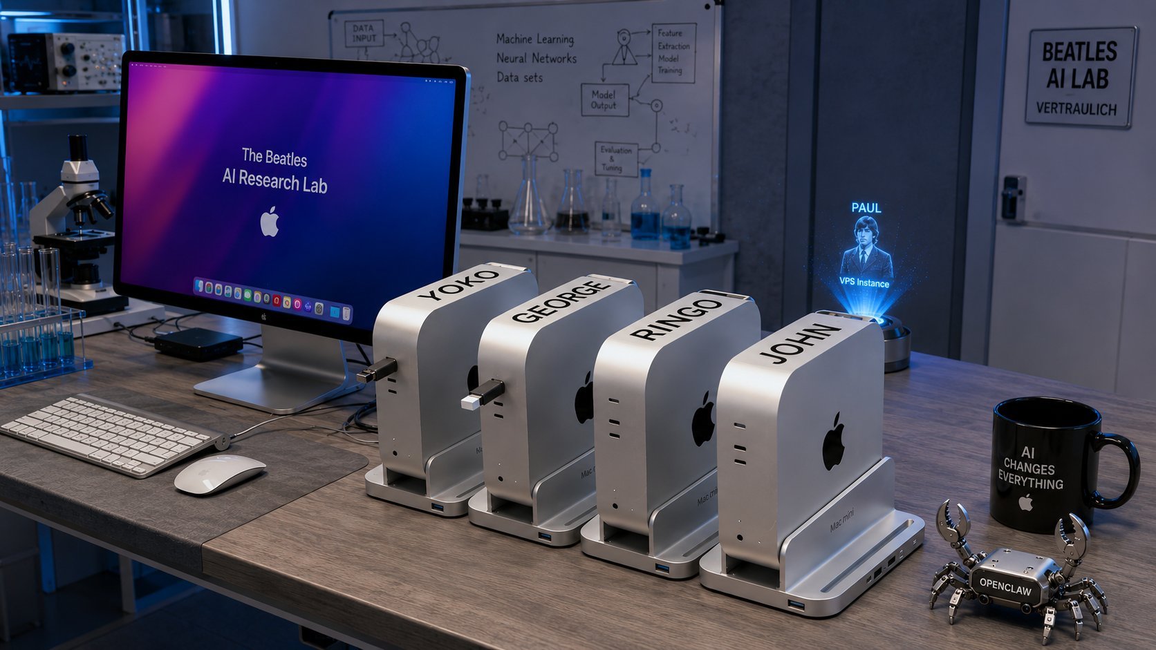 Beatles AI Lab — vier Mac mini Knoten (Yoko, George, Ringo, John) auf einem Labortisch, daneben ein Bildschirm mit der Aufschrift The Beatles AI Research Lab und Paul als Hologramm-VPS-Instanz.
